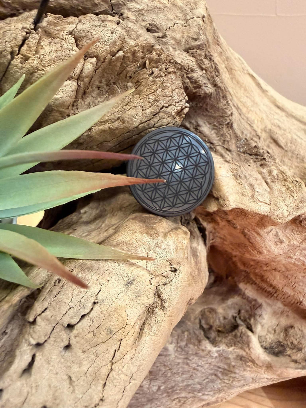Plaque de téléphone en shungite rond, fleur de vie
