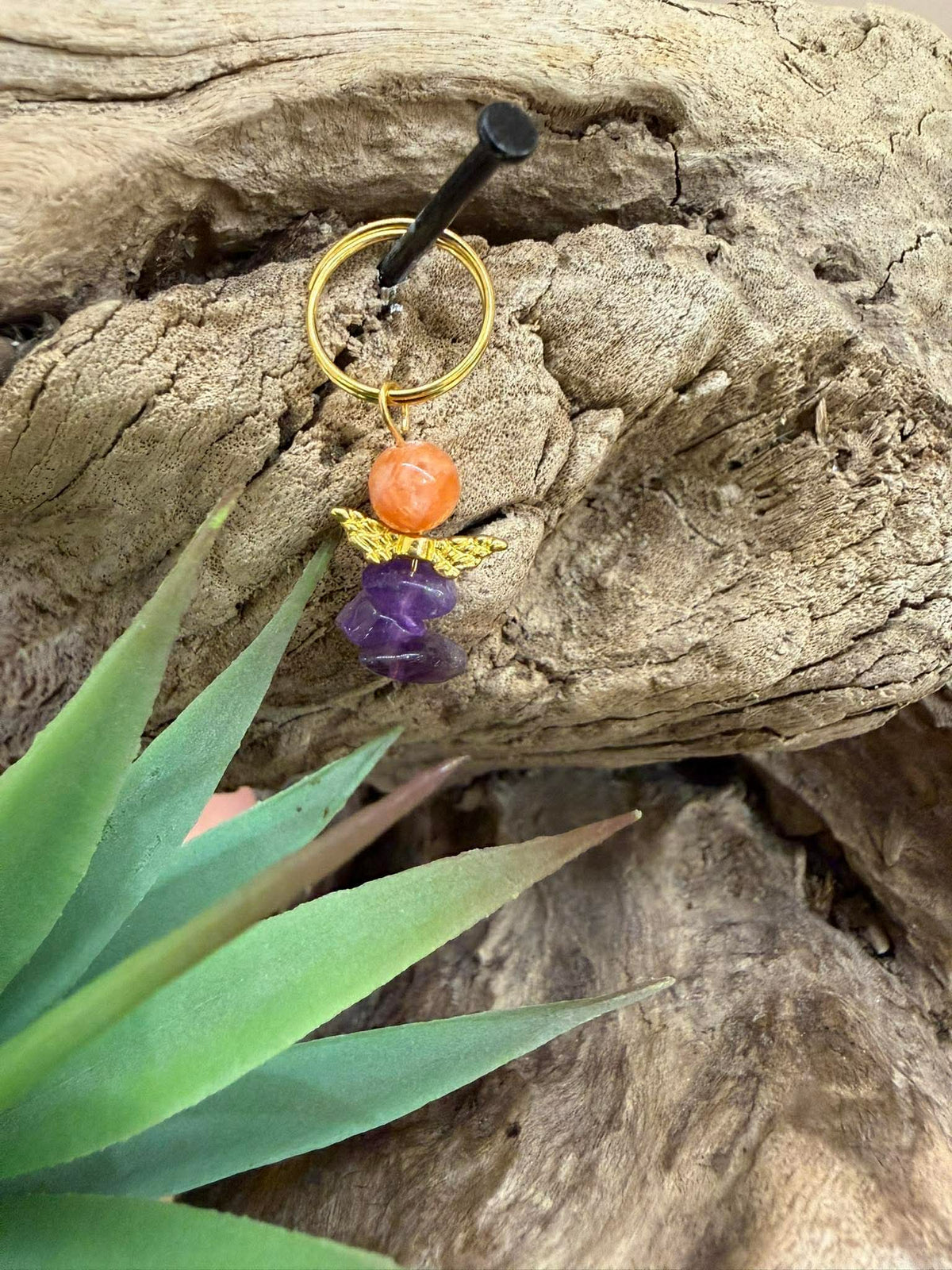 Porte-clé Ange Améthyste &calcite rouge