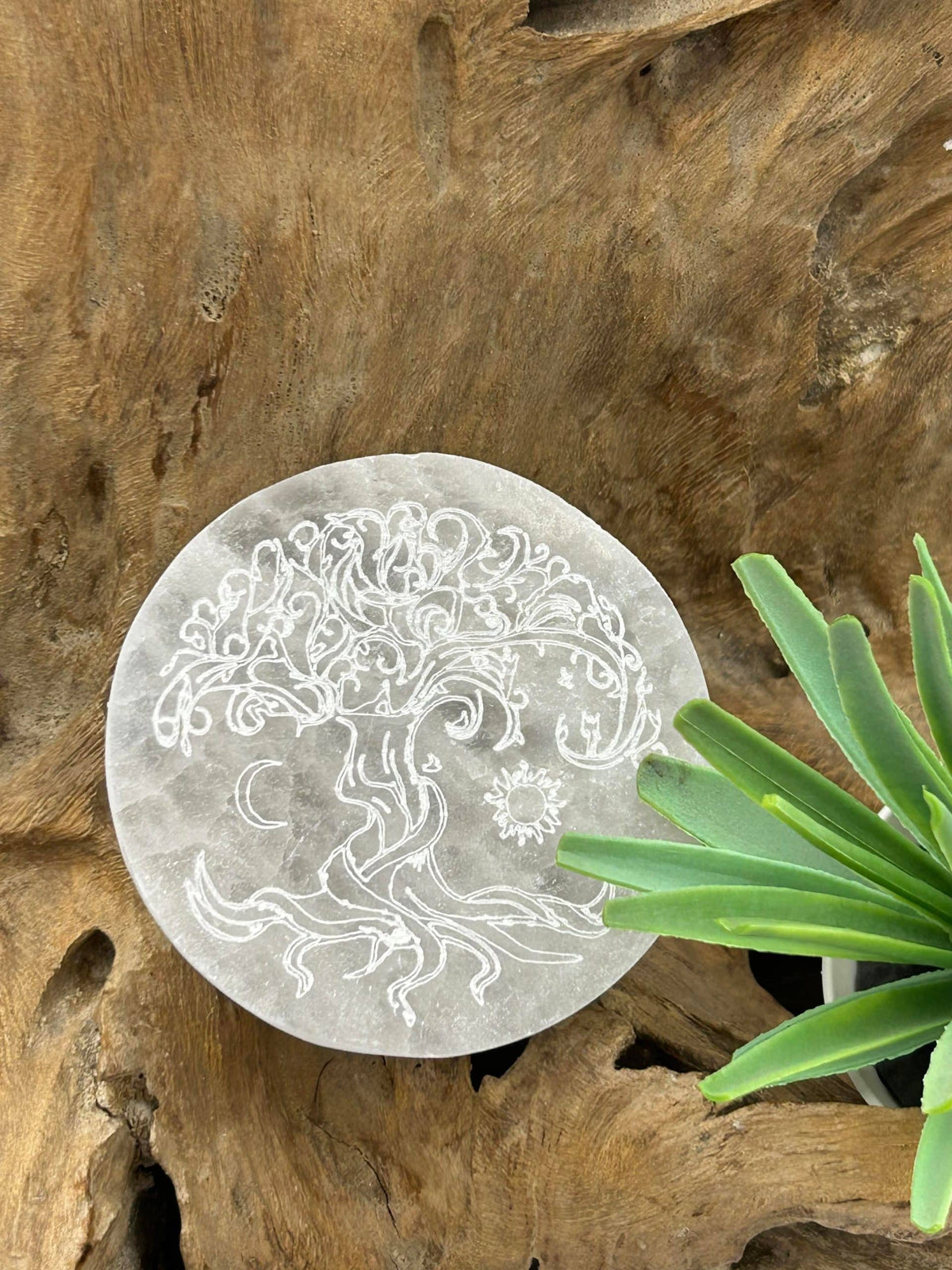 Plaque ronde en sélénite motif arbre de vie