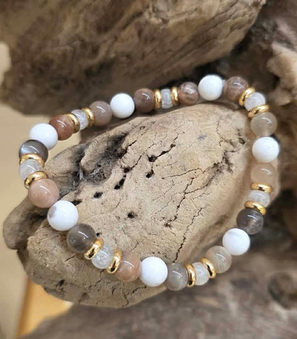 Bracelet pierre de Lune Noir, Agate de Mongolie & Cristal de roche craquelé