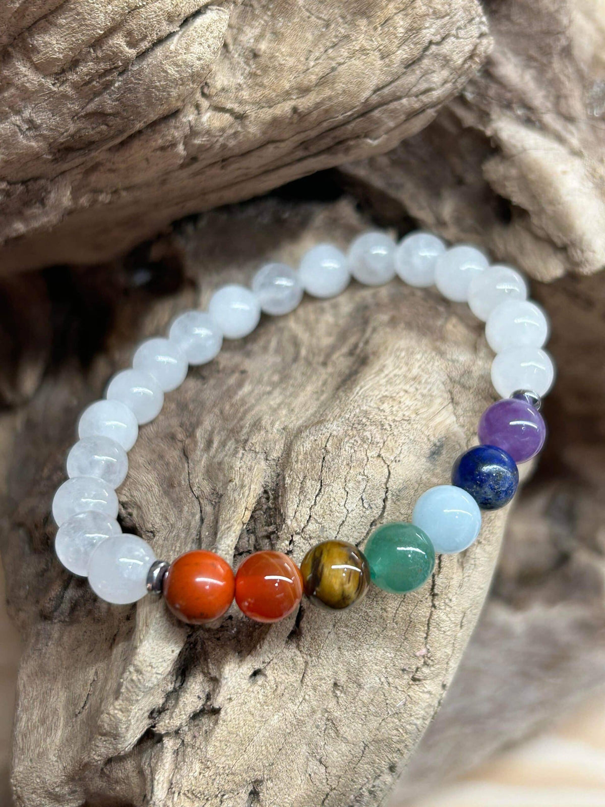 Bracelet 7 Chakras &amp; Agate Blanche – Équilibre, protection et clarté