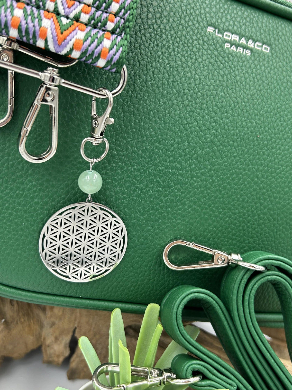 Sac flora&amp;co avec déco fleur de vie et aigue marine